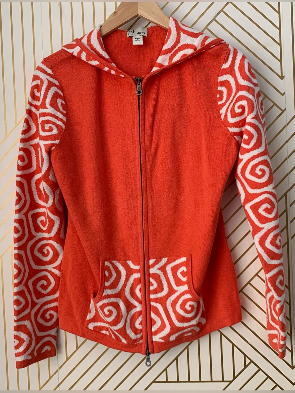Neve designs Cotton Wool blend hood multi-way Zipper Front Cardigan abstract L